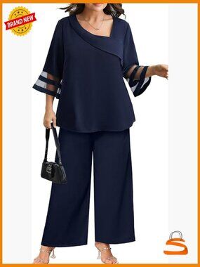 Plus Size 2 Piece Pantsuit Set Bell Sleeve Mesh Panel Dressy Evening Outfit